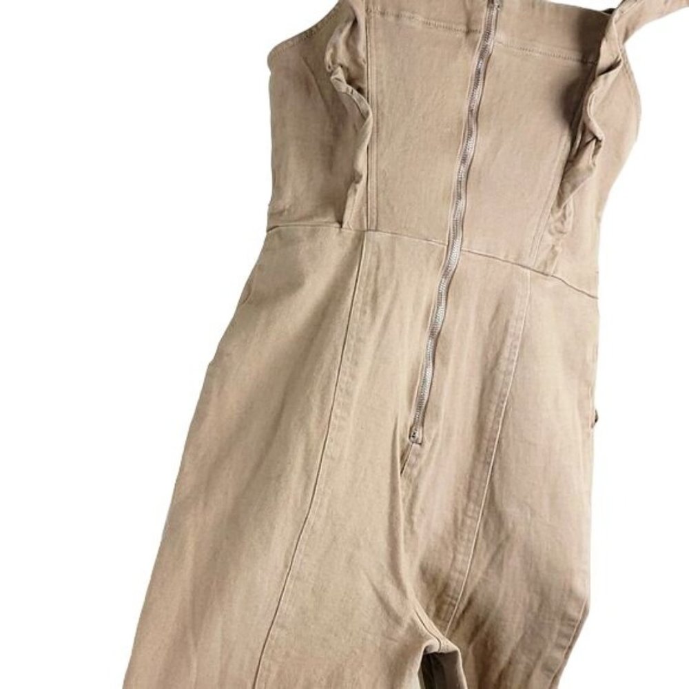 Aqua Women Beige Stretch Square Neck Back-Zip Ruffle Jumpsuit no belt XS $198 - Picture 10 of 12